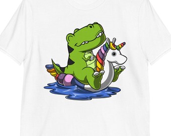 T-Rex Dinosaur Riding Unicorn Float T-Shirt: Funny Unisex Tee