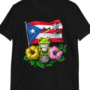 Camiseta de rana coquí, camiseta de Puerto Rico, camisetas boricuas, camiseta taína, camiseta con la bandera de Puerto Rico, ropa con flores de Puerto Rico, ropa taína