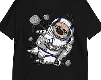 Camiseta de astronauta Pug Dog, camisetas engraçadas de Pug, roupas masculinas de Pug, vestuário de Pug, roupas unissex de Pug, roupas fofas de Pug, camiseta espacial
