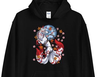 Japanese Fox Hoodie, Nine Tailed Fox Hoodie, Cherry Blossom Sweatshirt, Sakura Tree Clothing, Japanese Fox Clothes, Japanese Outfit