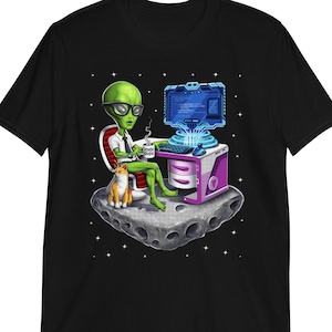 May include: A green alien wearing glasses sits at a computer desk with a cat on a small asteroid. The alien is drinking from a mug that says "I love coffee".