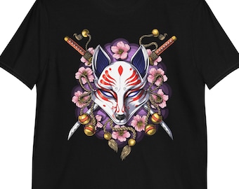 Japanese Fox Mask Shirt, Nine Tailed Fox Tee, Samurai Warrior Shirt, Sakura Tree Shirt, Japanese Culture Clothes, Japanese Fox Clothing