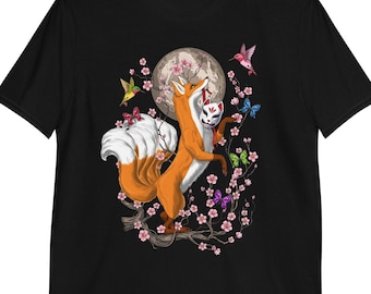 Japanese Nine Tailed Fox T-Shirt, Shirt, Cherry Blossom Sakura Tee