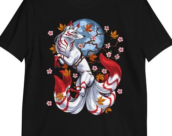 Japanese Fox Shirt, Nine Tailed Fox Shirt, Cherry Blossom Unisex Tee, Sakura Tree Shirt, Japanese Culture Clothing, Japanese Fox Clothes