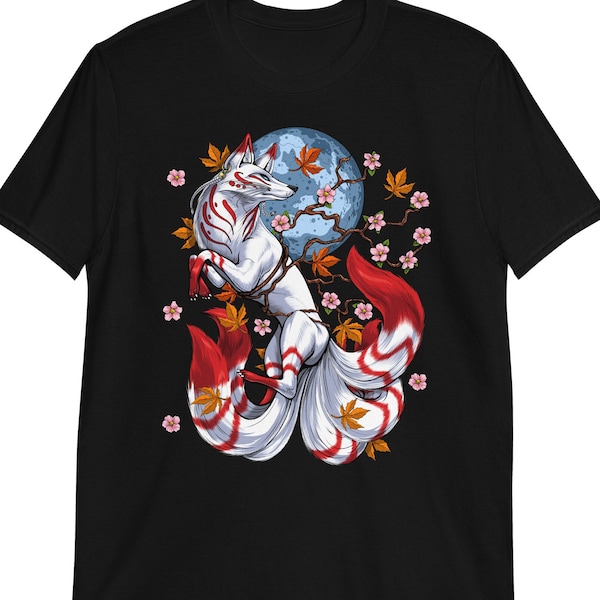 Camisa de zorro japonesa, camisa de zorro de nueve colas, camiseta unisex de flor de cerezo, camisa de árbol de Sakura, ropa de cultura japonesa, ropa de zorro japonés