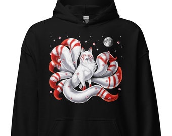 Sudadera con capucha de zorro japonés, sudadera con capucha de zorro de nueve colas, sudadera con flores de cerezo, ropa con diseño de árbol de sakura, ropa de zorro japonés, atuendo de cultura japonesa