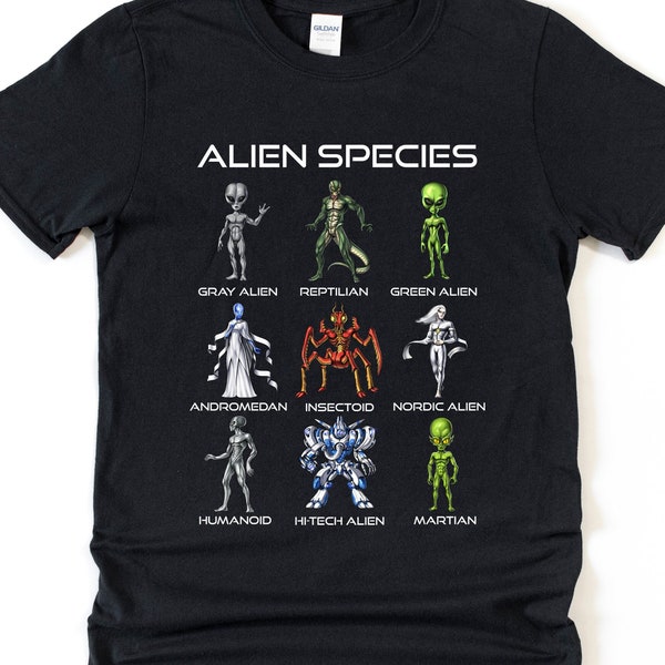 Alien Species T-Shirt, Space Aliens Shirt, Alien Mens Tee, Extraterrestrials Shirt, Science Fiction Tee, Aliens Clothing, Aliens Clothes