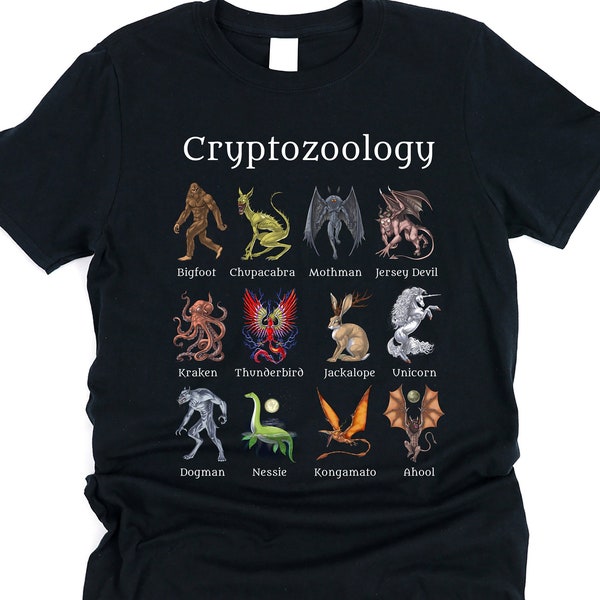 Camisa de criptozoología - Camiseta de criaturas críptidas - Camisas Bigfoot Mothman - Camisa de criptas - Ropa de criaturas criptas - Ropa de monstruo cripta