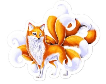 May include: A white and orange nine-tailed fox, known as a kitsune, with a white fluffy tail and a white fluffy mane. The fox is standing on all fours and has a white face with orange markings.