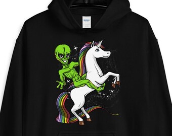 Alien Riding Unicorn Hoodie - Mens Alien Hoodie - Funny Alien Clothing - Unicorn Sweatshirt - Aliens Hoodie - Alien Clothes - Alien Apparel