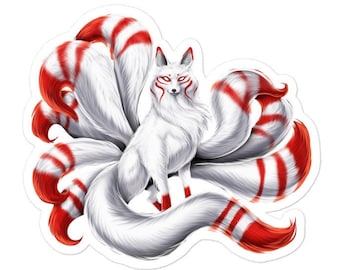 May include: A white nine-tailed fox with red and white striped tails. The fox has a red and white mask on its face.