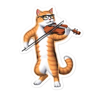 Cat Playing Violin Sticker, Violin Player Stickers, Violinist Sticker, Musician Decals, Funny Cat Sticker, Classical Music Lover Gift