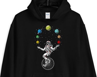 Felpa con cappuccio Astronauta che fa giocoleria con pianeti spaziali, Felpa con sistema solare, Abbigliamento maschile cosmico, Abbigliamento spaziale, Vestiti spaziali, Abbigliamento spaziale
