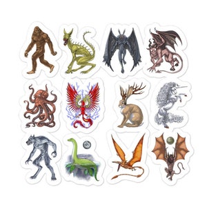 Kryptozoologie Cryptid Creatures Aufkleber - Fabelwesen Aufkleber - Fantasy Mythologische Kreaturen Aufkleber - Bigfoot Mothman Abziehbild Geschenk