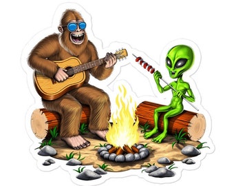 Bigfoot Alien Camping Sticker, Forest Hiking Sticker, Cryptozoology Decal, Cryptid Creatures Sticker, Cryptids Sticker, Campfire Sticker