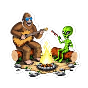 Bigfoot Alien Camping Sticker, Forest Hiking Sticker, Cryptozoology Decal, Cryptid Creatures Sticker, Cryptids Sticker, Campfire Sticker