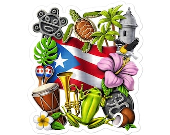 Pegatina de Puerto Rico, pegatina de Boricua, pegatina de Taino, pegatina de rana coquí, calcomanía de la bandera de Puerto Rico, calcomanías de símbolos puertorriqueños, regalos de Boricua