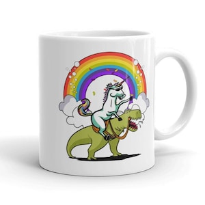 Unicorn Riding T-Rex Dinosaur Mug - Kids Unicorn Coffee Cup - Magical Rainbow Party Mug - Kids Unicorn Gifts - Fantasy Mug - Dinosaur Gift