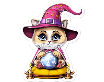 Kawaii Cat Fortune Teller Sticker, Crystal Ball Sticker, Psychic Witch Sticker, Spooky Witchcraft Stickers, Wiccan Decal, Mystical Sticker