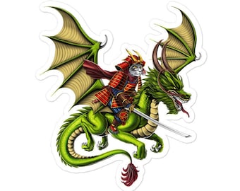 Japanese Samurai Cat Riding Dragon Sticker, Samurai Warrior Sticker, Ninja Stickers, Samurai Decor, Samurai Gift, Japanese Gifts