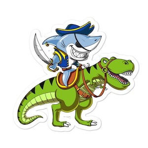 Shark Pirate Riding T-Rex Dinosaur Vinyl Sticker - Shark Decals - Boys Shark Gift - Kids Shark Gift - Shark Lover Gift - Dinosaur Lover Gift
