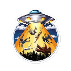 Pegatinas de abducción alienígena de críptidos - Pegatinas de polilla de Bigfoot - Pegatina de hombre lobo Jackalope - Pegatina de criptozoología - Regalo de criaturas críptidas