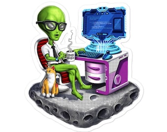 Alien Programmer Sticker, Funny Coder Sticker, Programming Decal, Software Engineer Sticker, Computer Science Sticker, Developer Sticker