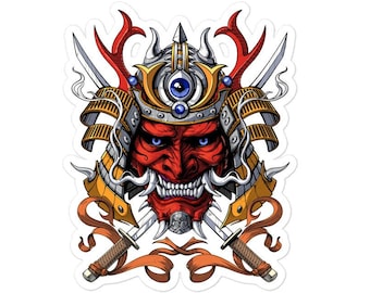 Japanese Demon Mask Sticker - Samurai Warrior Stickers - Martial Arts Ninja Decal - Kung Fu Fantasy Decals - Ancient Japan Mythology Sticker