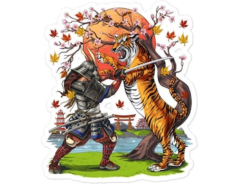 Japanese Samurai Warrior Fighting Tiger Stickers - Japanese Mythology Ninja Stickers - Asian Folklore Decal - Ancient Japanese Samurai Gifts