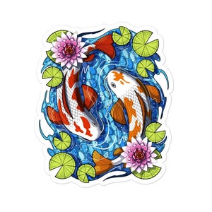 Pegatina de pez koi japonés - Pegatina de pez carpa gigante - Pegatina de pez japonés - Calcomanía de flor de loto - Calcomanías de folclore asiático floral