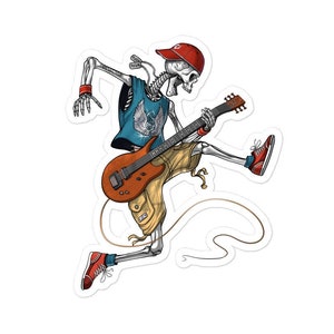 Sticker skelet gitaar spelen - stickers heavy metal gitarist - stickers gitaarspeler - sticker rockmuziek - sticker muzikant cadeaus
