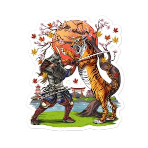 Japanse samurai krijger vechten tijger stickers - Japanse mythologie ninja stickers - Aziatische folklore sticker - oude Japanse samurai geschenken
