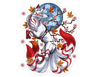 May include: A white and red nine-tailed fox with a blue moon and pink cherry blossoms in the background.