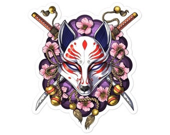 Japanese Kitsune Fox Mask Sticker, Samurai Ninja Stickers, Japanese Fox Gifts, Sakura Tree Decal, Nine Tailed Fox Decals, Japanese Fox Gifts