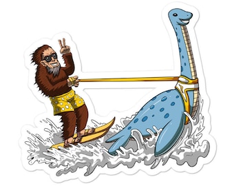 Bigfoot Riding Loch Ness Monster Sticker - Cryptozoology Gifts - Cryptid Gifts - Bigfoot Decals - Water Ski Gifts - Funny Bigfoot Gifts