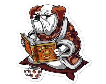 English Bulldog Reading Book Sticker - English Bulldog Decals - Funny English Bulldog Gifts - Kids English Bulldog Gift - Dog Vinyl Stickers