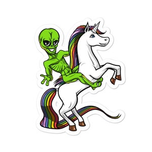 Sticker vinyle licorne chevauchant un extraterrestre - Sticker extraterrestre drôle - Cadeaux pour les amoureux de la licorne - Sticker extraterrestre - Sticker cosmique pour garçons - Cadeau extraterrestre pour enfants