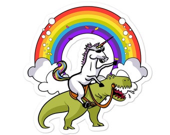 Sticker dinosaure T-Rex chevauchant une licorne - Stickers dinosaures rigolos - Cadeau licorne rigolote - Stickers arc-en-ciel - Sticker fantaisie - Cadeau dinosaure pour enfants