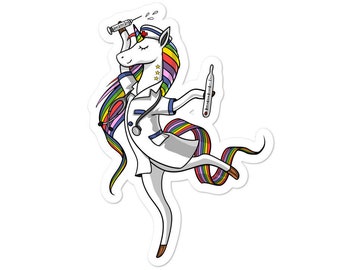 May include: A sticker featuring a cartoon unicorn dressed as a nurse. The unicorn is wearing a white coat, a stethoscope, a red heart, and a nurse's hat. The unicorn has a rainbow mane and tail. The unicorn is holding a syringe in one hand and a thermometer in the other.