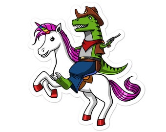 Sticker licorne T-Rex dinosaure cowboy - Stickers dinosaures rigolos - Cadeau licorne rigolote - Sticker fantaisie arc-en-ciel - Cadeau dinosaure pour enfants