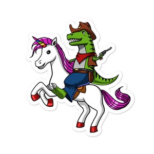 T-Rex Dinosaurier Cowboy Reiten Einhorn Aufkleber - Lustige Dinosaurier Aufkleber - Lustiges Einhorn Geschenk - Regenbogen Fantasy Aufkleber - Kinder Dinosaurier Geschenk