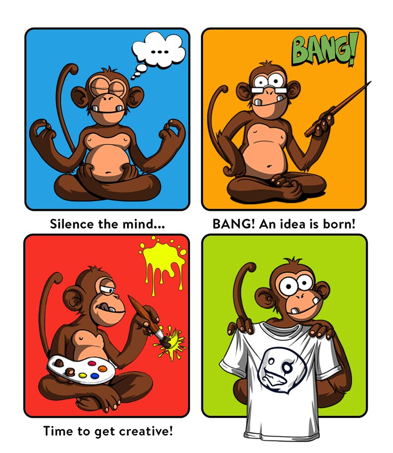 May include: A comic strip illustration of a monkey in four different stages of the creative process. The first panel shows the monkey meditating with the thought bubble "..." above its head. The second panel shows the monkey with a lightbulb above its head and the word "BANG!" in a speech bubble. The third panel shows the monkey painting with a paintbrush and a palette of colours. The fourth panel shows the monkey holding a white t-shirt with a design on it. The text below each panel describes the stage of the creative process: "Silence the mind...", "BANG! An idea is born!", "Time to get creative!"