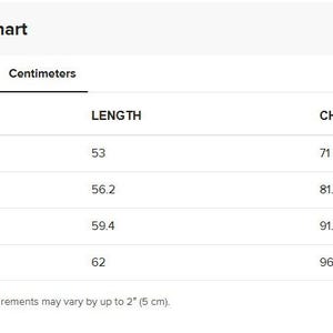 the size chart for a table with measurements