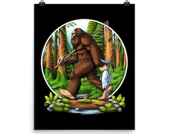 Bigfoot Fishing Poster, Bigfoot Art Print, Cryptozoology Poster, Cryptids Poster, Bigfoot Room Decor, Bigfoot Wall Decor, Bigfoot Gifts