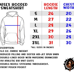 May include: Unisex hooded sweatshirt size chart with measurements in inches for hoodie length and chest width. Sizes include S, M, L, XL, 2XL, and 3XL.  The chart is illustrated with a line drawing of a hooded sweatshirt.