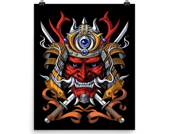 Japanese Demon Mask Poster - Samurai Warrior Art Print - Martial Arts Ninja Wall Decor - Samurai Room Decor - Samurai Poster