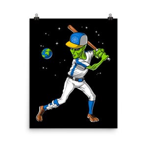 Space Alien Baseball Poster - Baseball Art Print - Funny Baseball Kids Wall Decor - Baseball Boys Room Decor - Baseball Lover Gifts