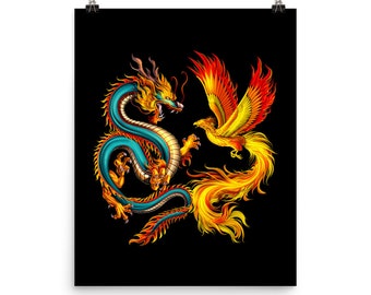 Chinese Dragon Poster, Phoenix Bird Poster, Japanese Dragon Art Print, Asian Dragon Room Decor, Dragon Room Decor, Dragon Lover Gift