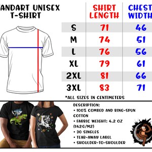 May include: A size chart for a unisex t-shirt with measurements in centimeters for shirt length and chest width. Sizes include S, M, L, XL, 2XL, and 3XL. The chart also includes a description of the t-shirt fabric: 100% combed and ring-spun cotton, fabric weight: 4.2 oz (142g/m2), 30 singles, tear-away label, and shoulder-to-shoulder.