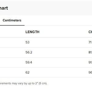 the size chart for a table with measurements